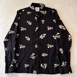 YoungLA Men's Shirt Large Black Floral Hawaiian Long Sleeve Button Up Viscose